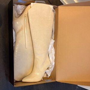 Cream Croc-Embossed Knee-High Boots